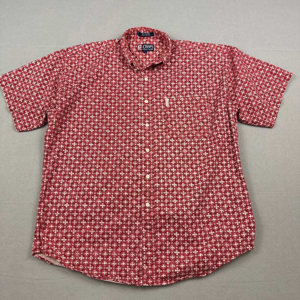 Chaps Ralph Lauren Shirt Men Large Red Geometric Diamond Button Up Pocket L